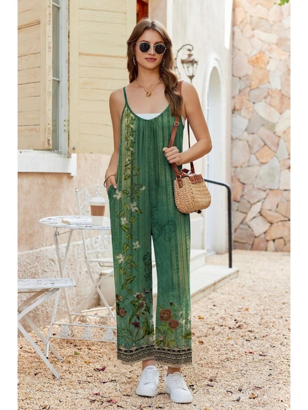 Women's Jumpsuits Floral Ice Green Wide Leg Sleeveless Outfit Romper with Pocket - Picture 5 of 6